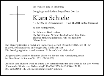 Traueranzeige von Klara Schiele von Stuttgarter Zeitung / Stuttgarter Nachrichten