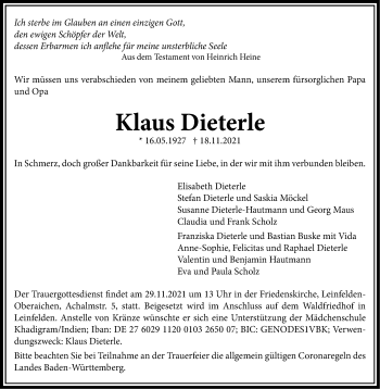 Traueranzeige von Klaus Dieterle von Stuttgarter Zeitung / Stuttgarter Nachrichten