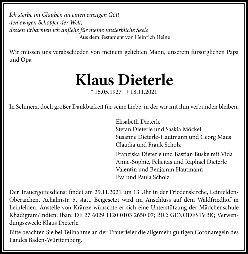 Traueranzeige für Klaus Dieterle vom 24.11.2021 aus Stuttgarter Zeitung / Stuttgarter Nachrichten