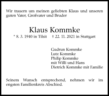 Traueranzeige von Klaus Kommke von Stuttgarter Zeitung / Stuttgarter Nachrichten