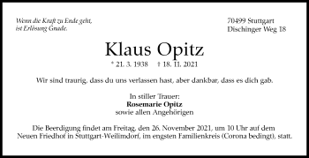 Traueranzeige von Klaus Opitz von Stuttgarter Zeitung / Stuttgarter Nachrichten