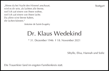 Traueranzeige von Klaus Wedekind von Stuttgarter Zeitung / Stuttgarter Nachrichten