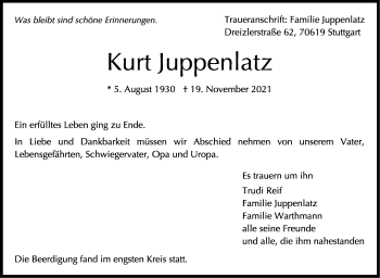 Traueranzeige von Kurt Juppenlatz von Stuttgarter Zeitung / Stuttgarter Nachrichten