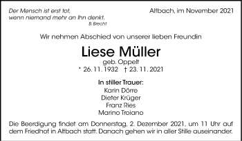 Traueranzeige von Liese Müller von Stuttgarter Zeitung / Stuttgarter Nachrichten