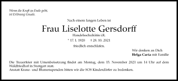 Traueranzeige von Liselotte Gersdorff von Stuttgarter Zeitung / Stuttgarter Nachrichten