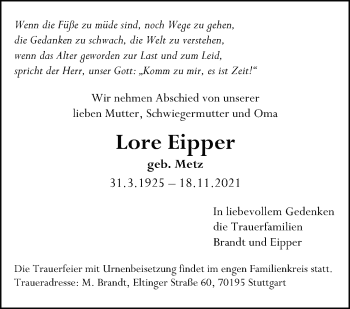 Traueranzeige von Lore Eipper von Stuttgarter Zeitung / Stuttgarter Nachrichten