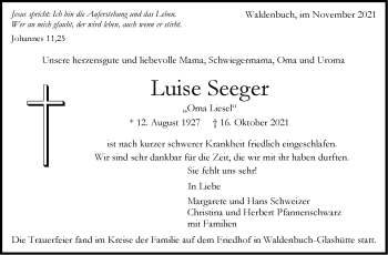 Traueranzeige von Luise Seeger von Stuttgarter Zeitung / Stuttgarter Nachrichten