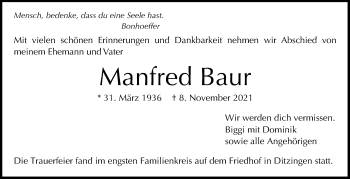 Traueranzeige von Manfred Baur von Stuttgarter Zeitung / Stuttgarter Nachrichten