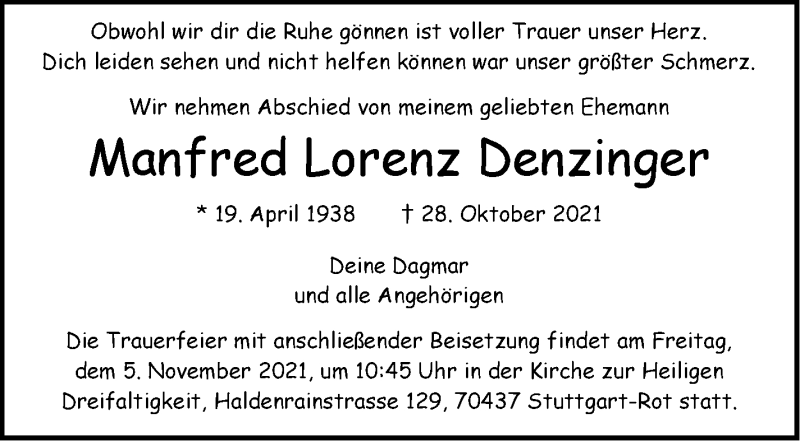  Traueranzeige für Manfred Lorenz Denzinger vom 04.11.2021 aus Stuttgarter Zeitung / Stuttgarter Nachrichten