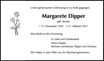 Traueranzeige von Margarete Dipper von Stuttgarter Zeitung / Stuttgarter Nachrichten