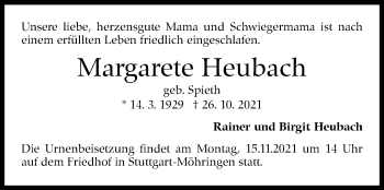 Traueranzeige von Margarete Heubach von Stuttgarter Zeitung / Stuttgarter Nachrichten