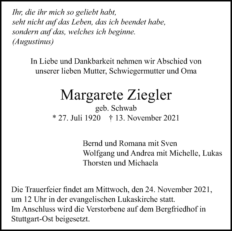  Traueranzeige für Margarete Ziegler vom 20.11.2021 aus Stuttgarter Zeitung / Stuttgarter Nachrichten