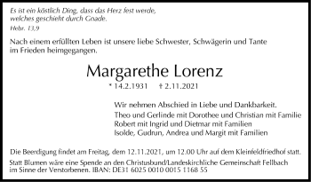 Traueranzeige von Margarethe Lorenz von Stuttgarter Zeitung / Stuttgarter Nachrichten