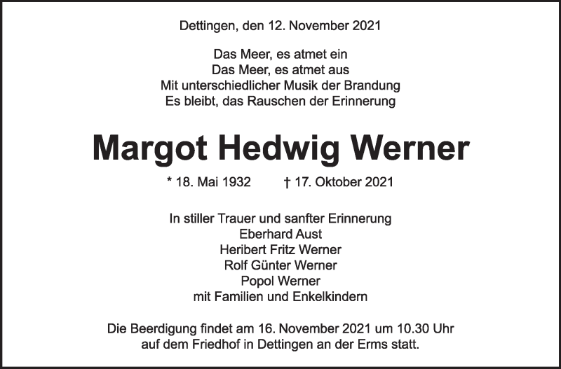 Traueranzeige für Margot Hedwig Werner vom 12.11.2021 aus Stuttgarter Zeitung / Stuttgarter Nachrichten