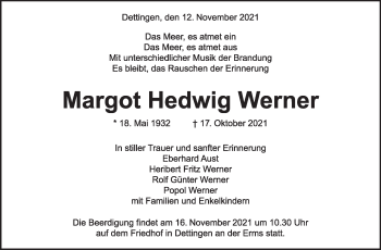 Traueranzeige von Margot Hedwig Werner von Stuttgarter Zeitung / Stuttgarter Nachrichten