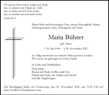 Traueranzeige von Maria Bührer von Stuttgarter Zeitung / Stuttgarter Nachrichten