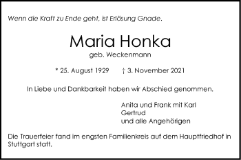 Traueranzeige von Maria Honka von Stuttgarter Zeitung / Stuttgarter Nachrichten