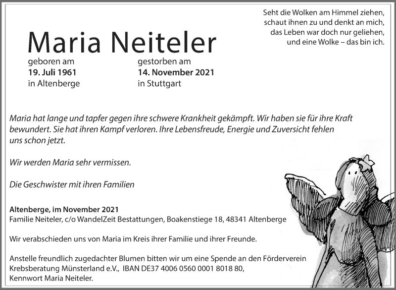  Traueranzeige für Maria Neiteler vom 27.11.2021 aus Stuttgarter Zeitung / Stuttgarter Nachrichten