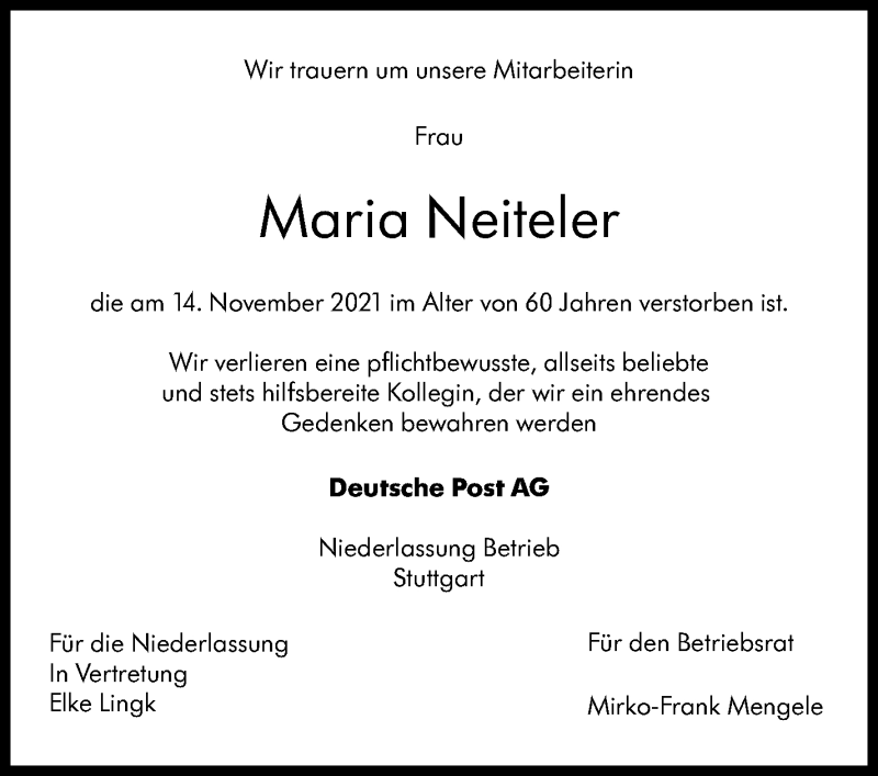  Traueranzeige für Maria Neiteler vom 27.11.2021 aus Stuttgarter Zeitung / Stuttgarter Nachrichten