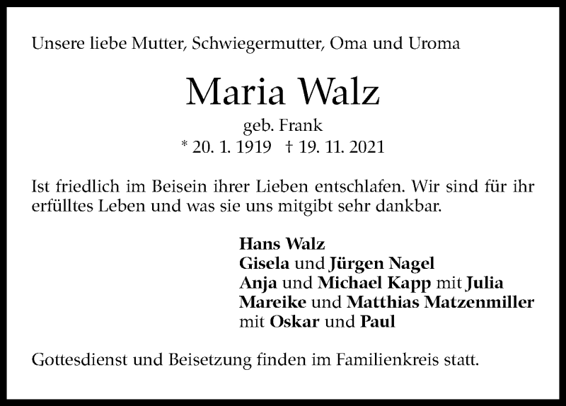  Traueranzeige für Maria Walz vom 27.11.2021 aus Stuttgarter Zeitung / Stuttgarter Nachrichten
