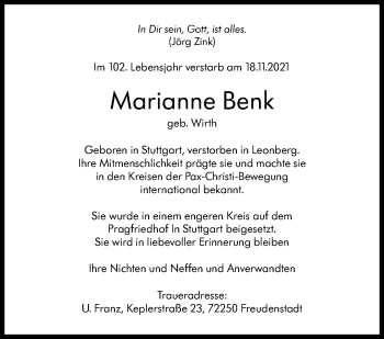 Traueranzeige von Marianne Benk von Stuttgarter Zeitung / Stuttgarter Nachrichten