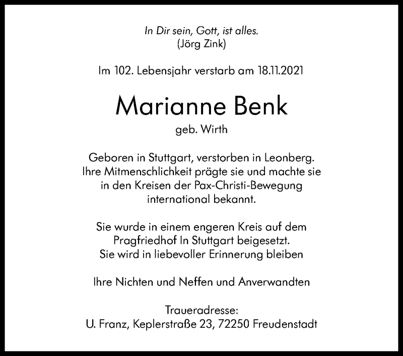  Traueranzeige für Marianne Benk vom 27.11.2021 aus Stuttgarter Zeitung / Stuttgarter Nachrichten