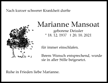 Traueranzeige von Marianne Mansoat von Stuttgarter Zeitung / Stuttgarter Nachrichten