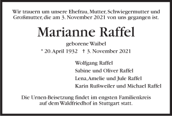 Traueranzeige von Marianne Raffel von Stuttgarter Zeitung / Stuttgarter Nachrichten