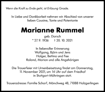 Traueranzeige von Marianne Rummel von Stuttgarter Zeitung / Stuttgarter Nachrichten