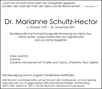 Traueranzeige von Marianne Schulz-Hector von Stuttgarter Zeitung / Stuttgarter Nachrichten