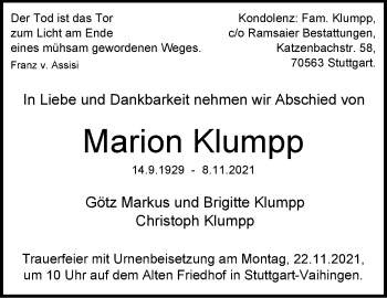 Traueranzeige von Marion Klumpp von Stuttgarter Zeitung / Stuttgarter Nachrichten