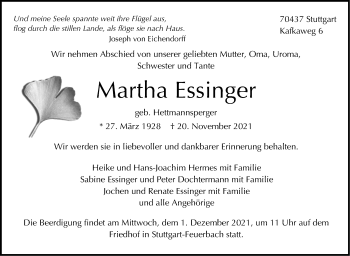 Traueranzeige von Martha Essinger von Stuttgarter Zeitung / Stuttgarter Nachrichten