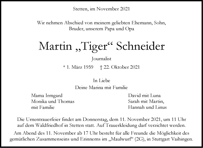  Traueranzeige für Martin  Schneider vom 05.11.2021 aus Stuttgarter Zeitung / Stuttgarter Nachrichten