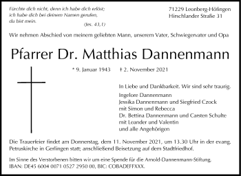 Traueranzeige von Matthias Dannenmann von Stuttgarter Zeitung / Stuttgarter Nachrichten