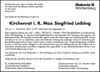 Traueranzeige von Max Siegfried Leibing von Stuttgarter Zeitung / Stuttgarter Nachrichten