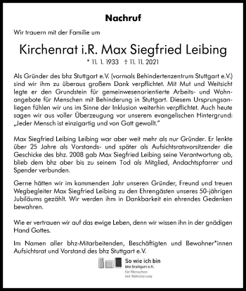 Traueranzeige von Max Siegfried Leibing von Stuttgarter Zeitung / Stuttgarter Nachrichten