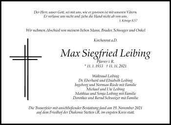 Traueranzeige von Max Siegfried Leibing von Stuttgarter Zeitung / Stuttgarter Nachrichten