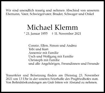 Traueranzeige von Michael Klemm von Stuttgarter Zeitung / Stuttgarter Nachrichten