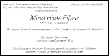 Traueranzeige von Mina Hilde Eißen von Stuttgarter Zeitung / Stuttgarter Nachrichten