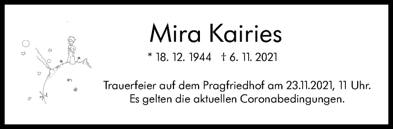  Traueranzeige für Mira Kairies vom 20.11.2021 aus Stuttgarter Zeitung / Stuttgarter Nachrichten