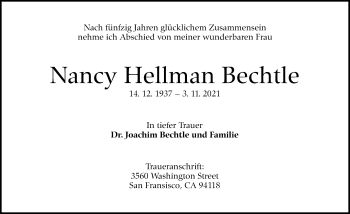 Traueranzeige von Nancy Helluran Bechtle von Stuttgarter Zeitung / Stuttgarter Nachrichten