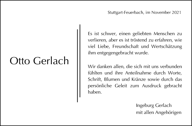  Traueranzeige für Otto Gerlach vom 06.11.2021 aus Stuttgarter Zeitung / Stuttgarter Nachrichten