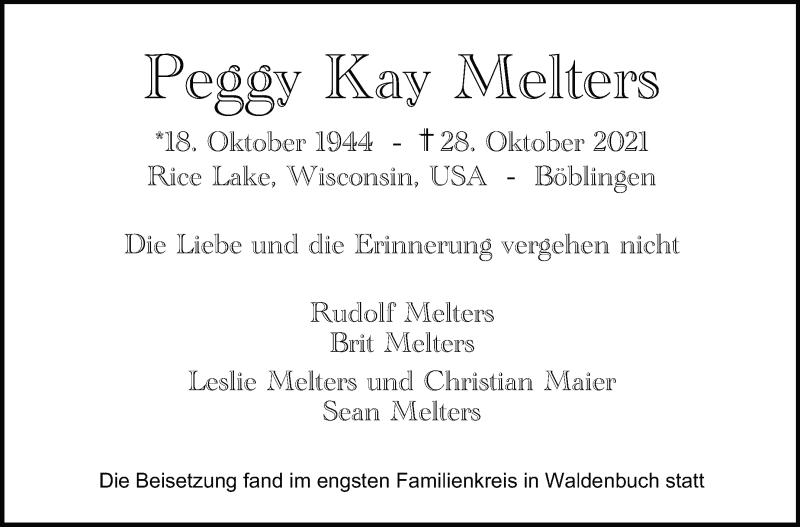  Traueranzeige für Peggy Kay Melters vom 20.11.2021 aus Stuttgarter Zeitung / Stuttgarter Nachrichten