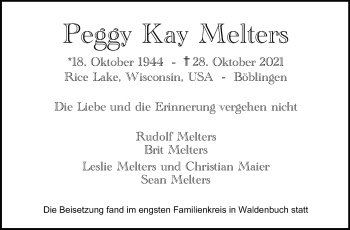 Traueranzeige von Peggy Kay Melters von Stuttgarter Zeitung / Stuttgarter Nachrichten