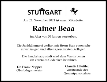 Traueranzeige von Rainer Beaa von Stuttgarter Zeitung / Stuttgarter Nachrichten