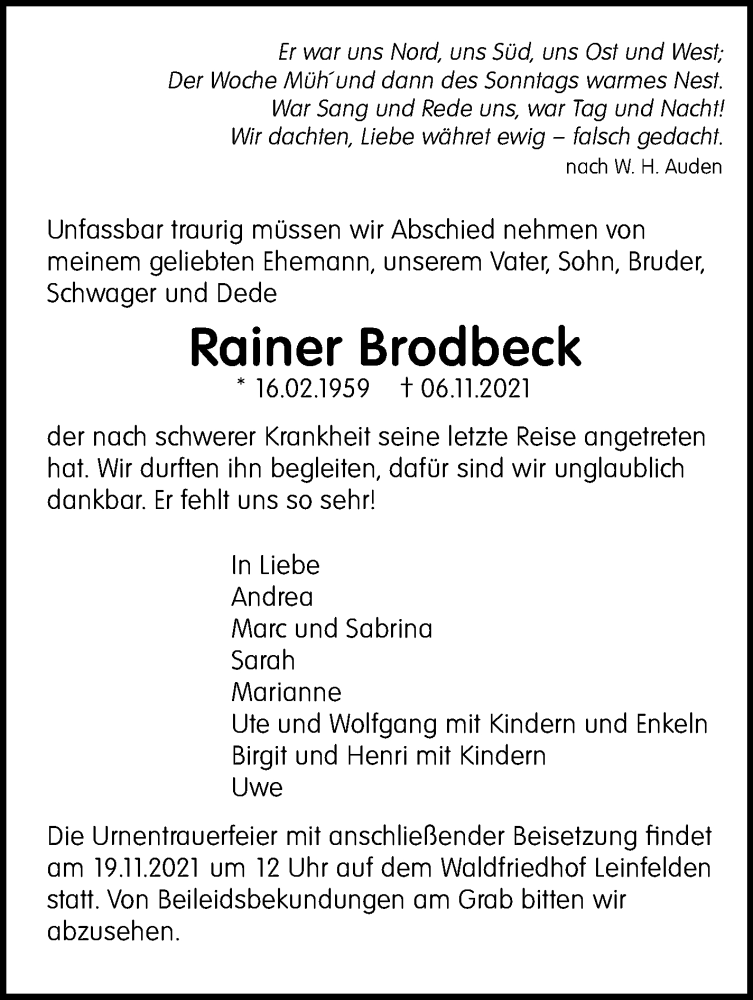  Traueranzeige für Rainer Brodbeck vom 18.11.2021 aus Stuttgarter Zeitung / Stuttgarter Nachrichten