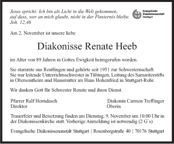 Traueranzeige von Renate Heeb von Stuttgarter Zeitung / Stuttgarter Nachrichten
