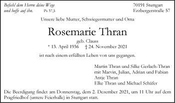 Traueranzeige von Rosemarie Thran von Stuttgarter Zeitung / Stuttgarter Nachrichten