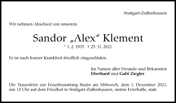 Traueranzeige von Sandor Klement von Stuttgarter Zeitung / Stuttgarter Nachrichten