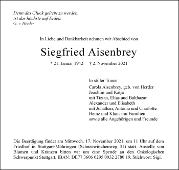 Traueranzeige von Siegfried Aisenbrey von Stuttgarter Zeitung / Stuttgarter Nachrichten